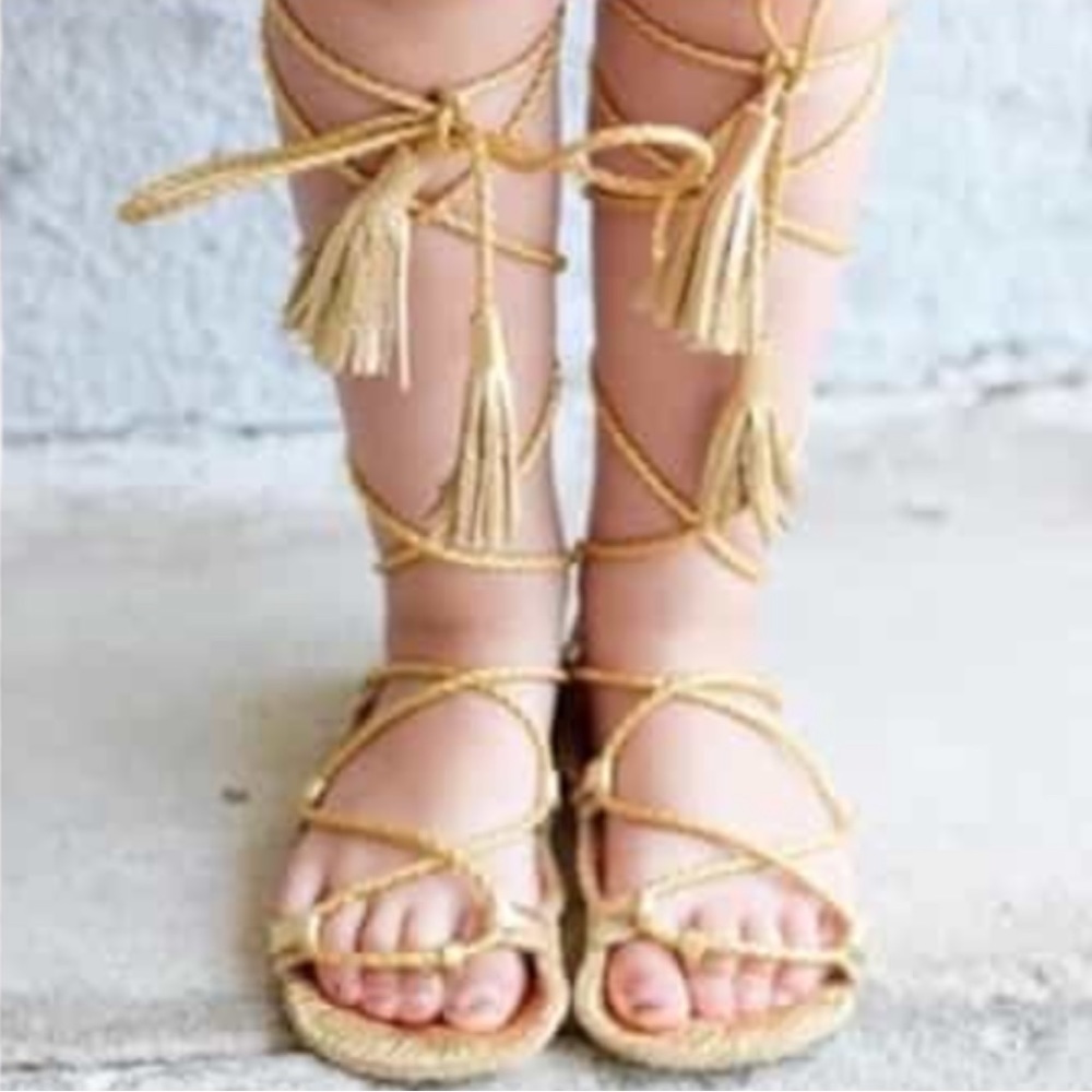 🩴2/$10👠3/$12 Gold Braided Leather Lace Up Gladiator Barefoot Sandals Baby Sz 5